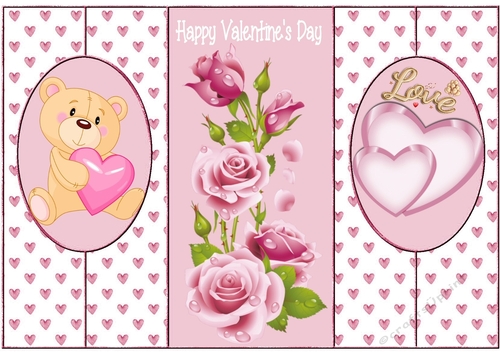 cute bear with hearts and pink roses  cut n fold back card