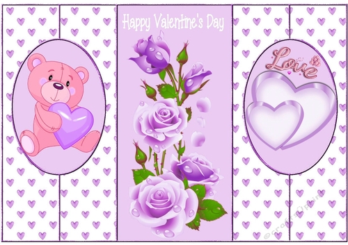 cute bear with hearts and lilac roses  cut n fold back card