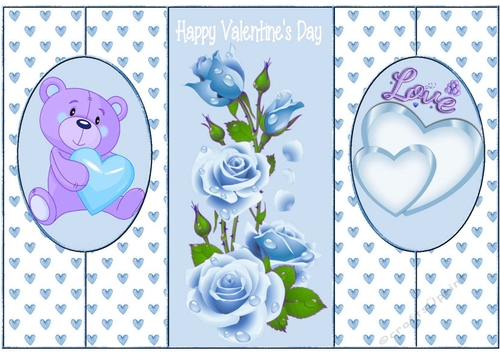 cute bear with hearts and blue roses  cut n fold back card