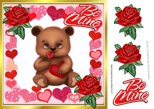 Cute little brown valentine bear with roses and hearts 8x8