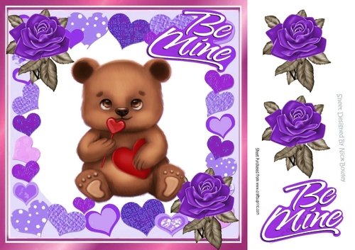 Cute little brown valentine bear with purple roses and hearts 8x8