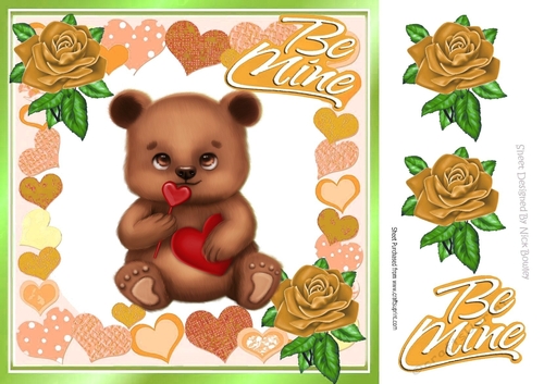 Cute little brown valentine bear with gold roses and hearts 8x8