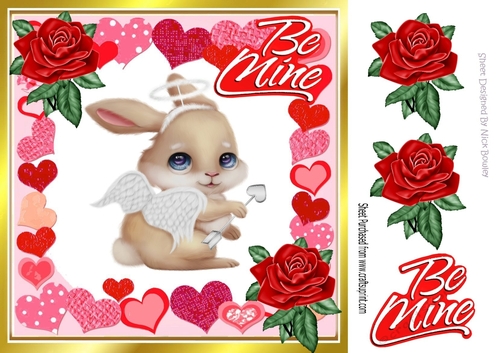 cute valentine bunny with frame of hearts and red roses 8x8 