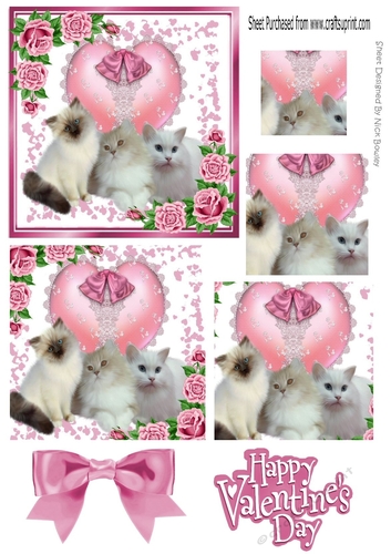 Cute kittens on lace pink heart with roses pyramids