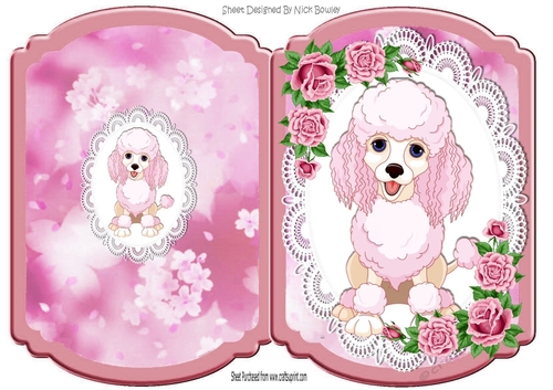 pink princess poodle with roses folded bracket card