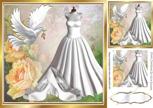 As pretty as a bride white gown and dove with peach roses 8x8
