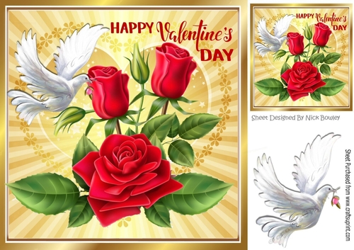 Red roses for my valentine with dove on gold heart 8x8