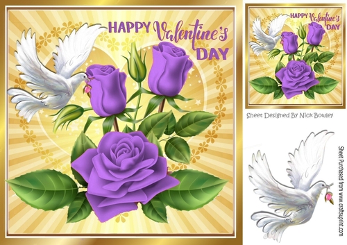 purple roses for my valentine with dove on gold heart 8x8