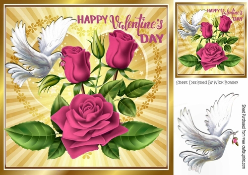 pink roses for my valentine with dove on gold heart 8x8