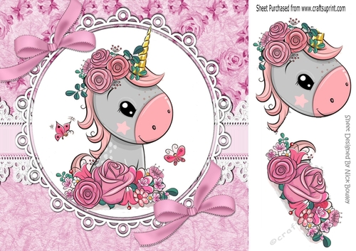 Pretty unicorn with pink bows, roses and lace 8x8