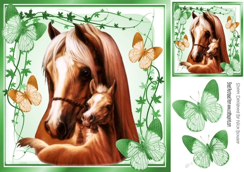 Lovely mum and baby foal with green butterflies 8x8
