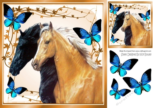 Lovely horses with blue butterflies 8x8, 