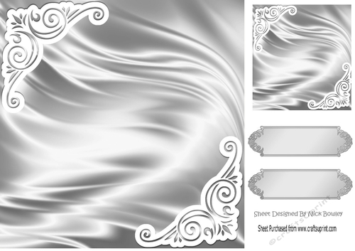Pretty satin and ornate corners in silver card front 8x8
