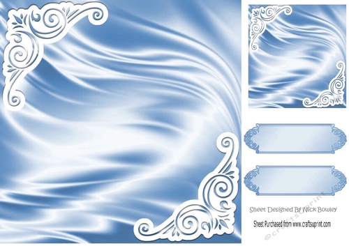 Pretty satin and ornate corners in blue card front 8x8