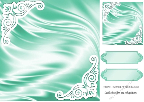 Pretty satin and ornate corners in turq card front 8x8