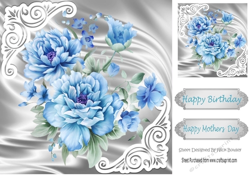 Pretty satin and ornate corners in silver card front with blue peonies 8x8