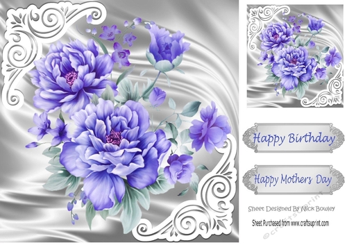 Pretty satin and ornate corners in silver card front with purple peonies 8x8