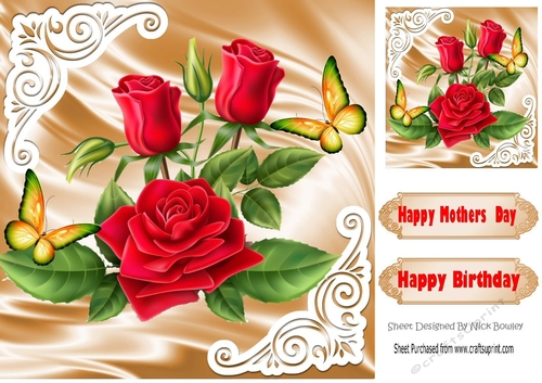 Pretty satin and ornate corners in gold card front with red roses 8x8