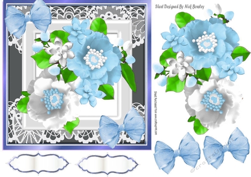 Pretty blue/white flowers with organza bows 7x7