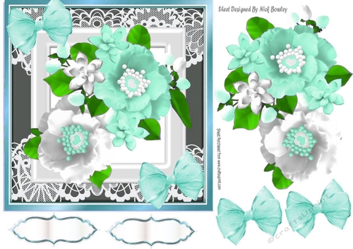 Pretty turq/white flowers with organza bows 7x7