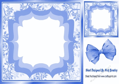 Pretty leaf and ornate frame with blue organza bow 8x8