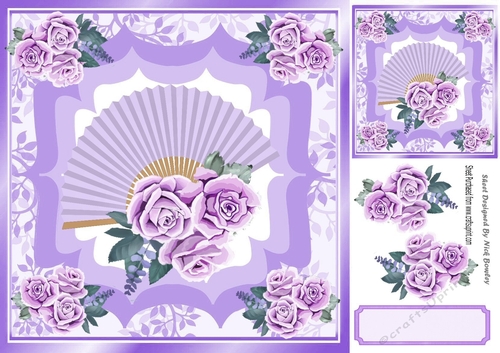 Pretty leaf and ornate frame with fan and lilac roses 8x8