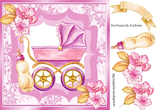 Pretty leaf and ornate frame with pram/bottle and pink flowers 8x8