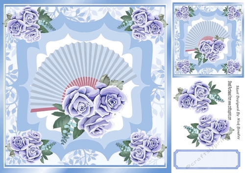 Pretty leaf and ornate frame with fan and blue roses 8x8