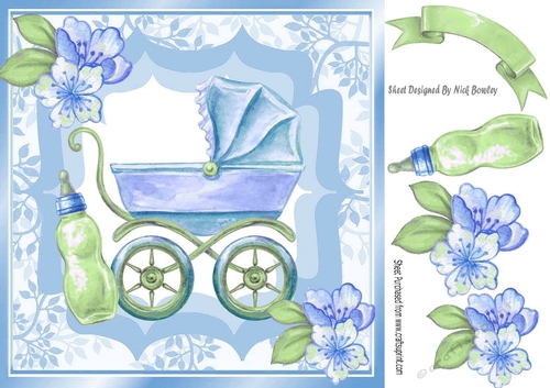 Pretty leaf and ornate frame with pram/bottle and blue flowers 8x8