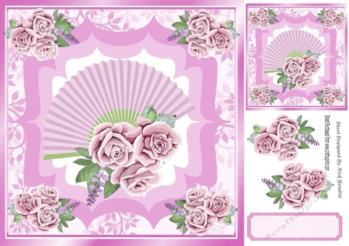 Pretty leaf and ornate frame with fan and pink roses 8x8