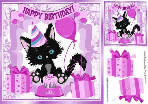 Cute black kitty with pink balloon and birthday cake 8x8