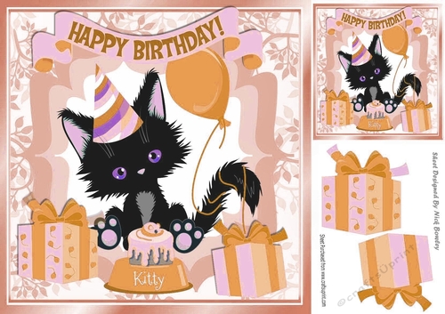 Cute black kitty with gold balloon and birthday cake 8x8