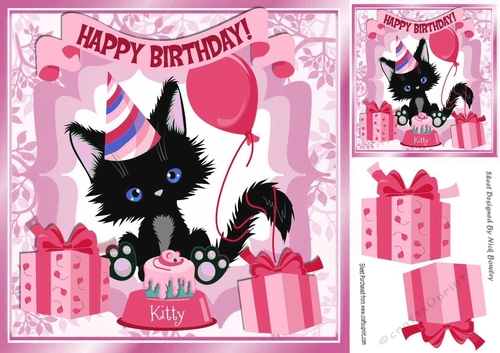 Cute black kitten with  a red balloon birthday cake 8x8