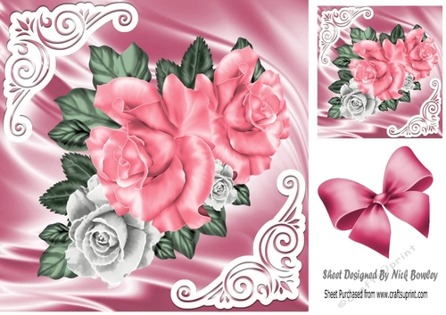 Pretty satin and ornate corners with pink/white roses  8x8