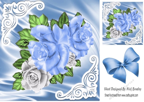 Pretty satin and ornate corners with blue/white roses  8x8