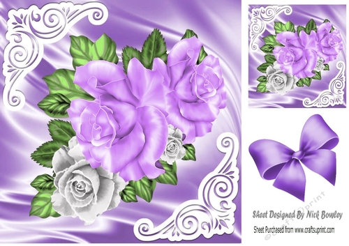 Pretty satin and ornate corners with purple/white roses  8x8