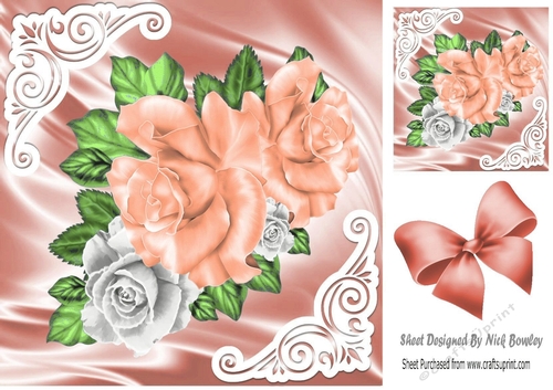 Pretty satin and ornate corners with peach/white roses  8x8