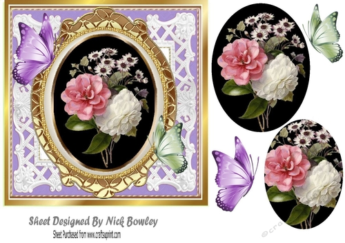 Pretty rose arrangement with butterflies and oval pyramids 7x7 (purple)