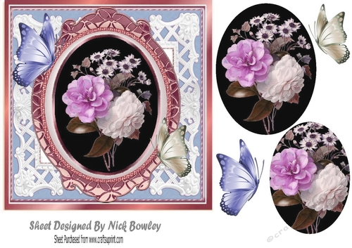 Pretty rose arrangement with butterflies and oval pyramids 7x7 (blue)