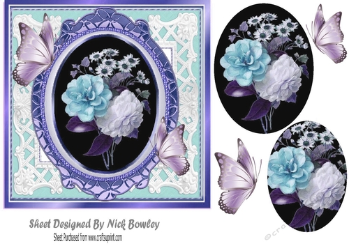Pretty rose arrangement with butterflies and oval pyramids 7x7 (turq)