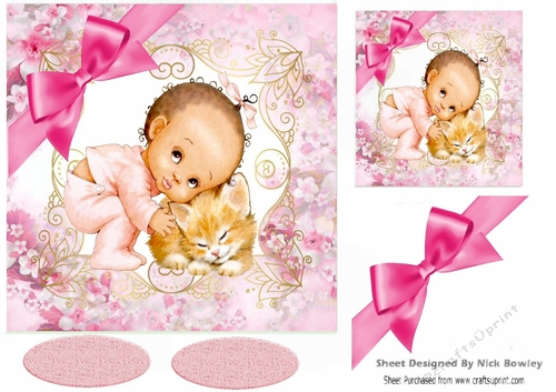 Cute Baby girl cuddling kitty with pink bow in floral frame 7x7