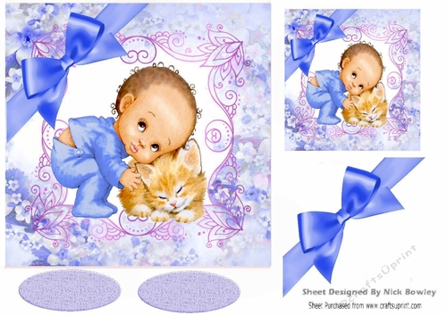 Cute Baby Boy cuddling kitty with blue bow in floral frame 7x7
