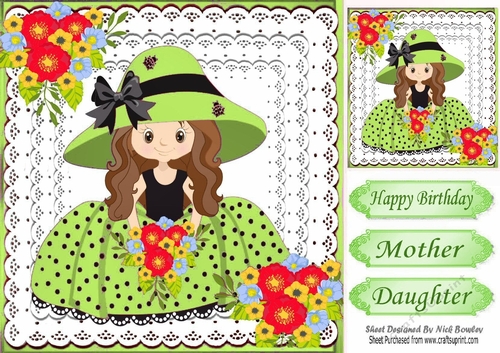 Sweet girl in green bonnet with flowers on lace 8x8