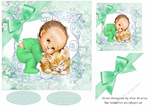 Cute Baby Boy cuddling kitty with green bow in floral frame 7x7