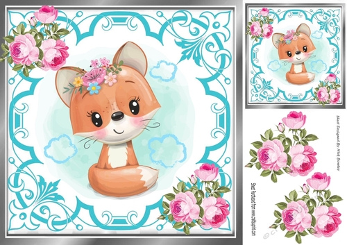 Cute little foxy girl with pink roses 8x8