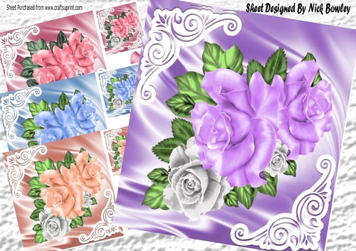  4 Pretty satin and ornate corners with roses 8x8  card fronts mini kit