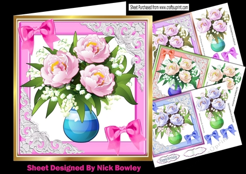  4 Pretty Peonies in a vase with  bows 7x7 Card fronts mini kit