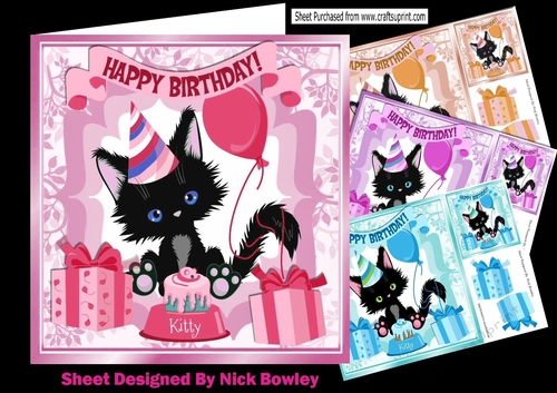  4 Cute black kittens with  balloons birthday card front 8x8