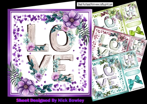  4 Pretty floral  LOVE Words with bows and hearts, card fronts  8x8 mini kit