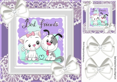 Best of friends cute puppy and kitten with white bows and lace (purple) 8x8